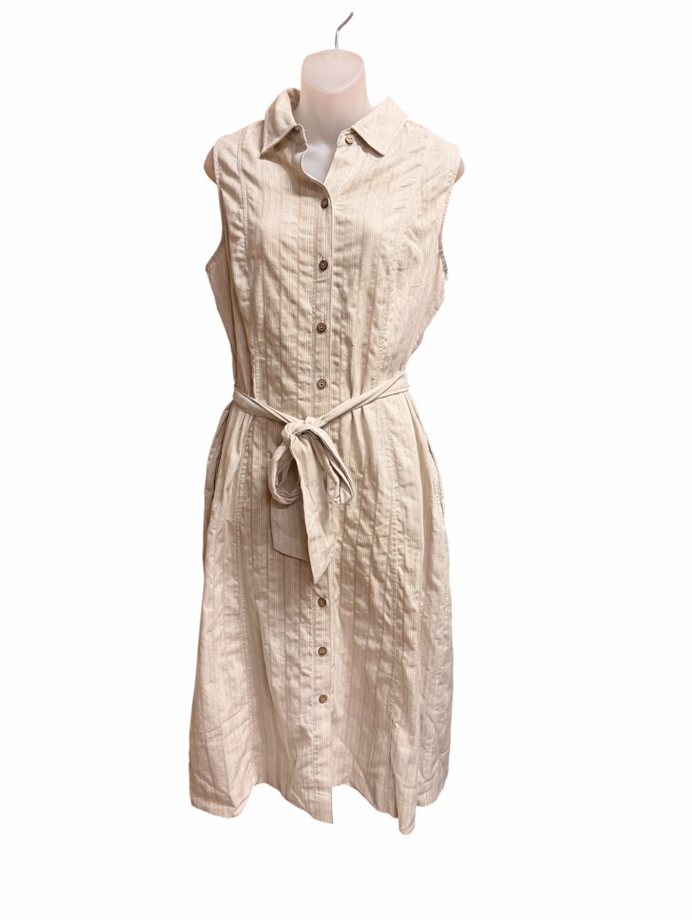 Anne Klein Cream Sleeveless Button-Front Tie-Waist Midi Dress